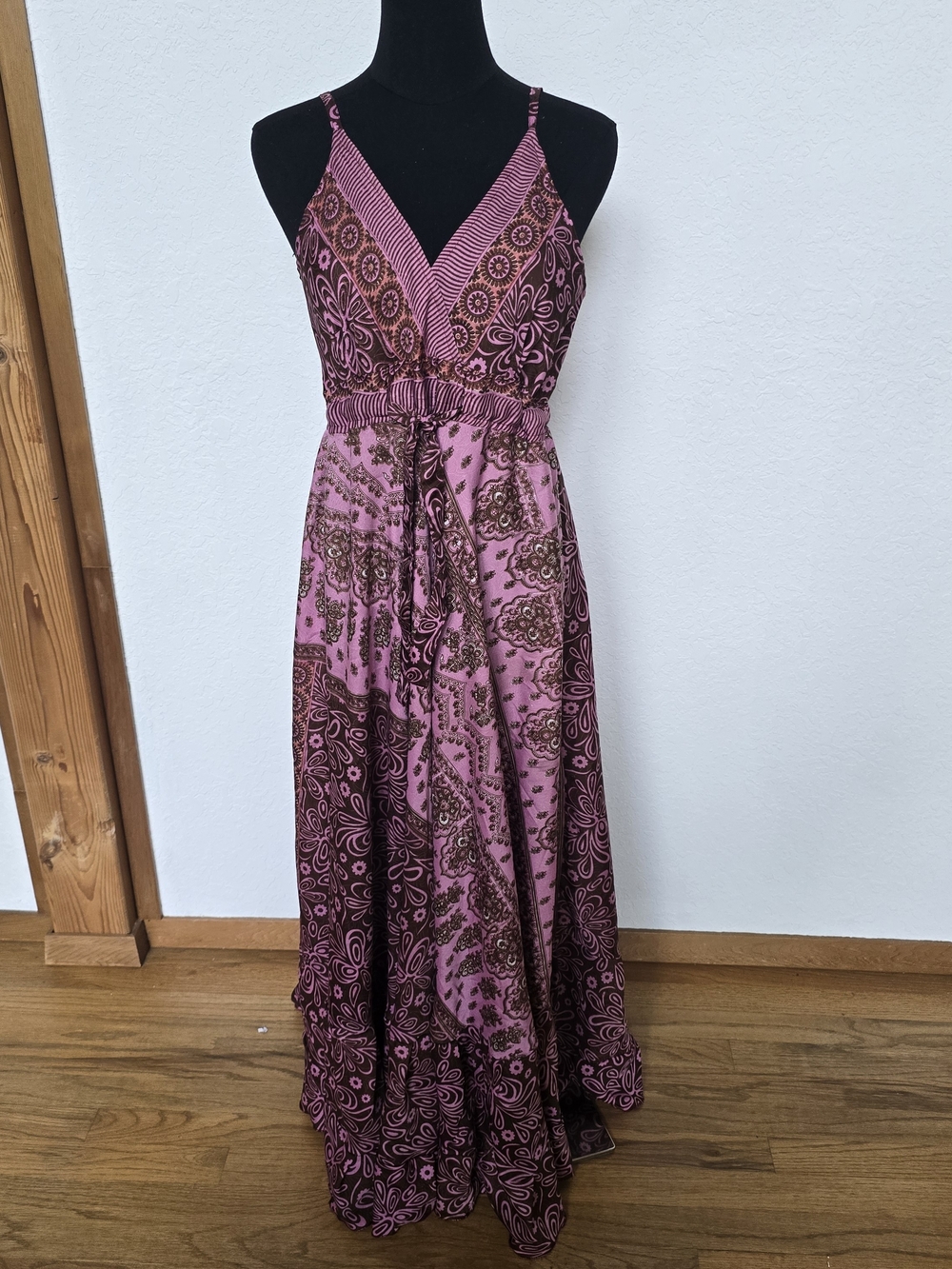 Pink & Brown Paisley V-Neck Maxi Dress with Tie Waist